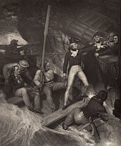 Poručík Nelson se dobrovolně přihlásil na palubu ceny v násilné vichřici, ilustrace z „The Life of Nelson“ od Roberta Southeyho (1774-1843) poprvé vydaná v roce 1813 od Richard Westall