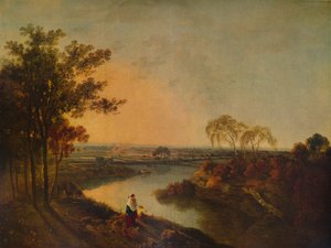 Anglická řeka při západu slunce, v dálce velšské kopce, c1760, 1938 od Richard Wilson