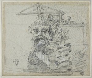 „Il Mascherone“, fontána Rocaille na pozemku vily Borghese, kolem roku 1754 (černá křída, zesílená bílou křídou a grafitem, na modrém položeném papíře, položená na kartonu) od Richard Wilson
