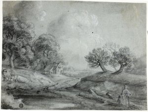 Krajina se ženou a krávami (černá křída s tupováním, zvýrazněná bílou křídou, na modrém položeném papíře) od Richard Wilson