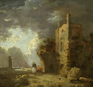 Zničená věž s figurou, cca 1770-1779 (olej na plátně) od Richard Wilson
