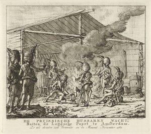 Pruští husaři čekající v Leidse Poort v Amsterdamu, 1787 Pruští husaři čekají, Mimo Leijdsche Poort v Amsterdamu (...) (název na předmětu)