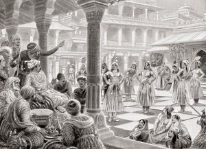 Akbar hrající na pachisi nebo chaupur s živými skladbami ve Fatehpur Sikri v roce 1575, z Hutchinson