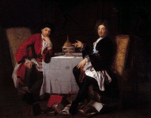 Dva epikurejci Dva filozofové mluví ke stolu. Obraz připisovaný Robertu Tournieresovi (1668-1752) Caen 18. století, musee des Beaux Arts od Robert (attr. to) Tournieres