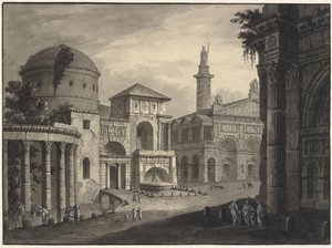Architektonická fantazie starověkého města s náměstím a mnoha budovami, některé částečně v troskách od Robert Adam