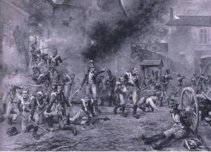 Obrana Hougoumontu 18. června 1815, ilustrace z britských bitev na souši a na moři, 1915