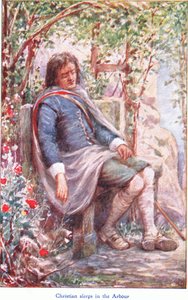 Christian spí v altánu, z knihy The Pilgrims Progress vydané Johnem F. Shawem & Co, kolem 1900 (barevné lito) od Robert Ambrose Dudley