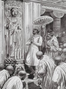 Kániška zahajuje mahájánový (severní) buddhismus, 100 n. l. (litografie) od Robert Ambrose Dudley