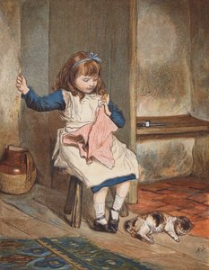 Dívka šije s kočkou u nohou (barevná litografie) od Robert Barnes