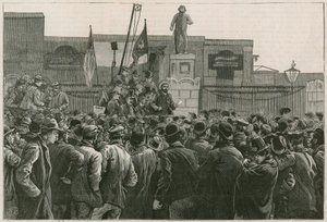 Velká stávka dělníků v docích na East Endu: Pan John Burns promlouvá ke stávkujícím mužům u bran východoindických a západoindických doků od Robert Barnes