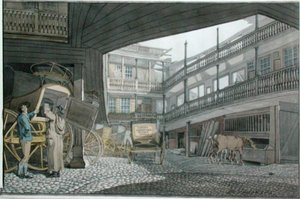 Pohled na dvůr u Spread Eagle, Gracechurch Street, s trenéry a krmením koní od Robert Blemell Schnebbelie