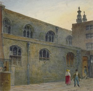Severní strana Guildhall Chapel ukazuje vchod do Cutthroat Alley, City of London, 1820