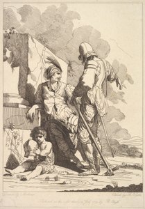 Dva vojáci a dítě drží helmu, 19. července 1779.