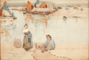 Postavy na Harbour Wall, Bretaň (akvarel) od Robert Brough