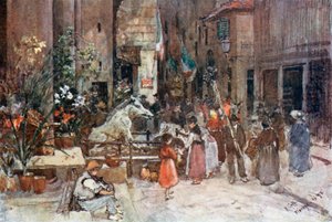 Mercato Nuovo v roce 1884 (barevná litografie) od Robert Charles Goff