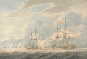 Nizozemský viceadmirál pod vedením admirála De Wintera udeří svou vlajkou anglickému viceadmirálu Onslowovi pod vedením admirála Duncana v bitvě u Camperdown, 11. října 1797