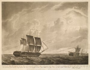 Tento pohled na loď Jeho Veličenstva EUROTAS pod stěžni poroty ráno 26. února 1814, kdy se blížila k císařské francouzské fregatě LA CLORINDE, která se předcházejícího večera odklonila; vzhledem k okolnostem od Robert Dodd