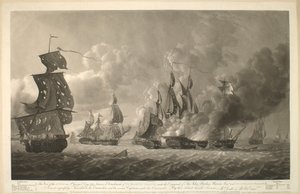 Tento pohled na akci v den svatého Jiří 1794 mezi oddílem lodí Jeho Veličenstva pod velením sira Johna Borlase Warrena Barna a čtyřmi francouzskými loděmi je s úctou určen komodorovi a několika kapitánům pod jeho velením. od Robert Dodd