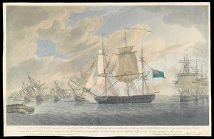 Pohled na nepřátelskou flotilu v ústí řeky Charent, počátek 19. století (akvatinta, ručně kolorovaný lept) od Robert Dodd