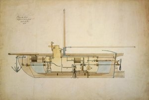 Původní kresba Nautila, první podvodní lodi (ponorky), předložená jeho vynálezcem Robertem Fultonem (1765-1815) americkému Senátu v roce 1806.