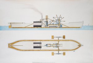 Steamboat navržený Robertem Fultonem, akvarel, Spojené státy americké