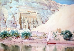 Abu Simbel", akvarel. Robert Talbot-Kelly (1861-1934) Anglický orientalistický krajinář. Velké vápencové sochy Ramsese II. u vchodu při pohledu od Nilu. Egypt Krajina Voda Ruiny