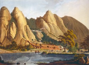 Jižní pohled na Sewandroog, ilustrace z Dvanáct pohledů na Mysore, země Tippoo Sultan vyrytý a kolorovaný J.W. Edy, publikoval 1804 (barevná akvatinta) od Robert H. Colebrooke