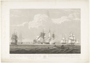Odjezd dvanácti holandských obchodních lodí z přístavu Portsmouth, 1833 (deska 3) Tato sada tří desek znázorňujících vyplutí z přístavu Portsmouth 2. června 1833 12 lodí Nederlandsche Koopvaardy z embarga od Robert Havell (II)