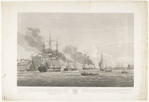 Odplutí dvanácti holandských obchodních lodí z přístavu Portsmouth, 1833 (deska 2) Tato sada tří desek znázorňujících vyplutí z přístavu Portsmouth 2. června 1833 12 lodí Nederlandsche Koopvaardy z embarga od Robert Havell (II)