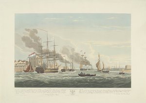 Odplutí dvanácti holandských obchodních lodí z přístavu Portsmouth, 1833 (deska 2) Tato sada tří desek znázorňujících vyplutí z přístavu Portsmouth 2. června 1833 12 lodí Nederlandsche Koopvaardy z embarga od Robert Havell (II)