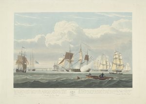 Odplutí dvanácti holandských obchodních lodí z přístavu Portsmouth, 1833 (deska 3) Tato sada tří desek znázorňujících vyplutí z přístavu Portsmouth 2. června 1833 12 lodí Nederlandsche Koopvaardy z embarga od Robert Havell (II)