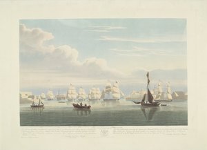 Odplutí dvanácti holandských obchodních lodí z přístavu Portsmouth, 1833 (deska 1) Tato sada tří desek znázorňujících vyplutí z přístavu Portsmouth 2. června 1833 12 lodí Nederlandsche Koopvaardy z embarga od Robert Havell (II)