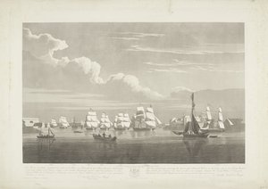 Odplutí dvanácti holandských obchodních lodí z přístavu Portsmouth, 1833 (deska 1) Tato sada tří desek znázorňujících vyplutí z přístavu Portsmouth 2. června 1833 12 lodí Nederlandsche Koopvaardy z embarga od Robert Havell (II)