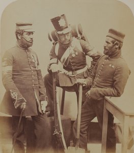 Barevní seržanti J. Stanton, Kester Knight a W. Bruce, Royal Sappers and Miners, 1856 (sépiová fotografie) od Robert Howlett