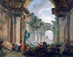 „Imaginární pohled na Velkou galerii Louvru v ruinách“, 1796