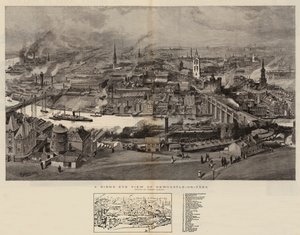 Pohled na Newcastle-on-Tyne z ptačí perspektivy