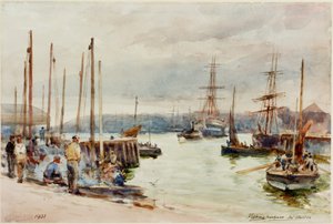 Fishing Harbour, North Shields (tužka a akvarel na papíře)