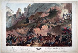 V roce 1799 bojovala Napoleonova vojska na Ďáblově mostě proti Rusům pod velením generála Souvarova - Ruská armáda Přechod přes Ďáblův most 1799 - Porter, Robert Carr (1777-1842) - 1804 - Aquatinta - 63x91,3 -Soukromá sbírka