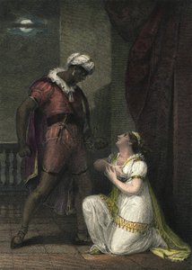 Othello a Desdemona v Benátkách. Ilustrace pro „“ Othello“ od Williama Shakespeara. Scéna 4. dějství 2. Anglická rytina z roku 1801 od R.K Portera.