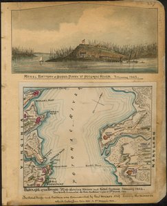 Blokáda Potomacu. Mapa zobrazující baterie Unie a povstalců leden 1862. Povstalci vyklidili všechny své baterie v noci 4. března 1862. LOC gvhs01.vhs00066 od Robert Knox Sneden