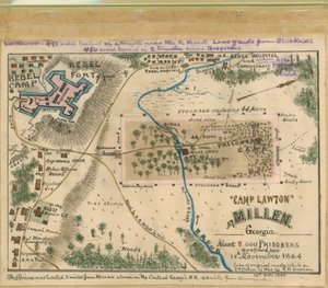 "Camp Lawton" v Millenu v Georgii - 14. listopadu 1864 zde bylo uvězněno asi 8 600 vězňů. LOC gvhs01.vhs00054