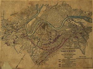 Chattanooga Schéma bitvy mezi silami gen. Granta a Braxtona Bragga, která se odehrála 24.-5. listopadu 1863. LOC gvhs01.vhs00275