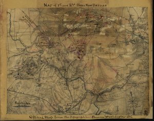 Mapa 1. a 2. bitvy u Bull Runu. Oficiální mapa Topografického úřadu, Washington, D.C. LOC gvhs01.vhs00239