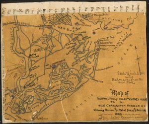 Mapa Morrisova, Follyho, Colesova a Jamesova ostrova atd. a přístavu Charleston Harbor S.C. s vyznačením (sic) pevností a baterií Unie a povstalců, 1864. LOC gvhs01.vhs00184 od Robert Knox Sneden