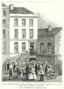Otec Mathew mluví ze schodů svého domu na Charlotte Quay, Cork, před svým odjezdem do Ameriky (rytina) od Robert L. Stopford