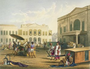 Scéna v Bombaji, ze svazku I „Scenérie, kostýmy a architektura Indie“, vyrytý R.G. Reeve (fl.1811-37) a koloroval J.B.Hogarth, hospod. od Ackermanna, 1826 (akvatinta)