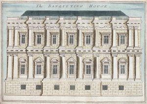 Banketní dům, Whitehall, z knihy „Kniha vyhlídek pozoruhodných míst v Londýně ao něm“, kolem roku 1700 (rytina)