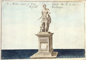 Mramorová socha krále Karla II. (1630-85) na královské burze, z knihy „Kniha vyhlídek pozoruhodných míst v City of London ao nich“, kolem roku 1700 (rytina) od Robert Morden