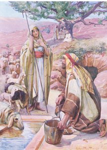 Rachel u studny, z The Bible Picture Book vydané Thomasem Nelsonem, kolem roku 1950