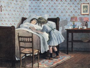 Holčička u postele své nemocné matky čeká na válku. Ilustrace Robert Salles (1871-1929) v „“ Je sais Lire““. od Robert Salles